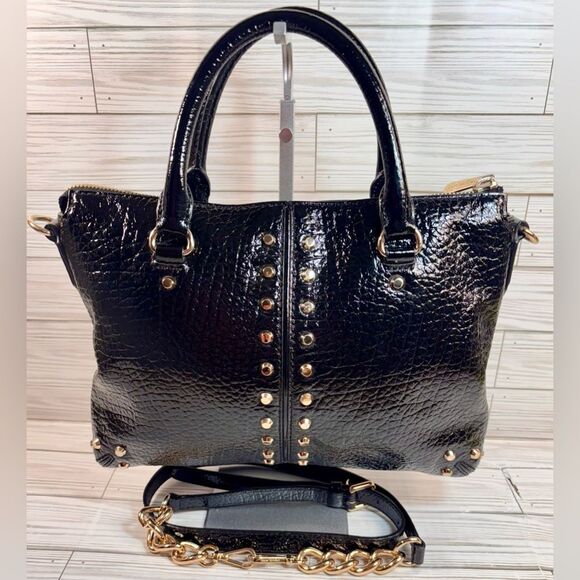 075-Michael Kors Black Leather Uptown Astor Satchel with Gold Stud Accents - Picture 2 of 12